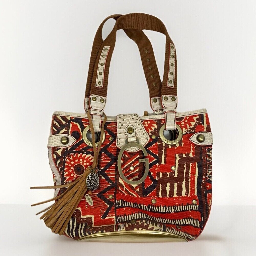 GUESS Women AFRICA Shoulder Hand Bag TOTE Tribal Print Colorful Moc Croc